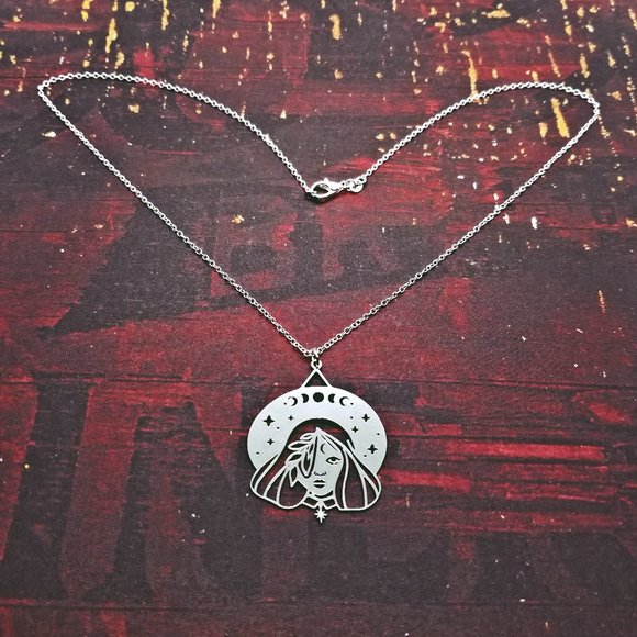 Witch w/ Hat & Moon Phases on Brim Silver Necklace - Picture 2 of 2